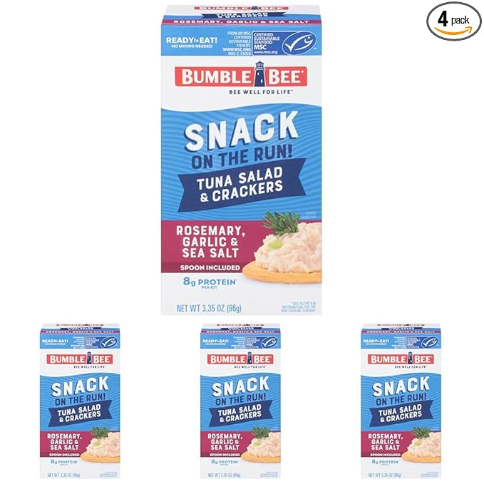 Bumble Bee Snack On The Run Rosemary, Garlic, & Sea Salt Tuna Salad with Crackers Kit - Ready to Eat Protein Snack Pack - 8g Protein per Box - Wild Caught MSC Certified Tuna (Pack of 4)