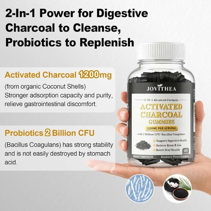 2 Pack Activated Charcoal Gummies 1200mg, with Organic Coconut Shell Charcoal & 2 Billion Probiotics, Natural Gas & Bloating Relief, Digestive Support, Non-GMO, Vegan, Gluten Free,Blueberry Flav,120Ct