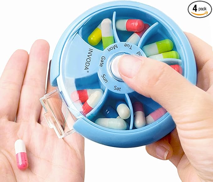 INVODA Weekly Pill Organizer 7 Compartment Rotating Pill Box for Daily Medication & Vitamins - Portable Travel Pill Case Fish Oil Supplements Vitamins Organizer (Sky Blue)