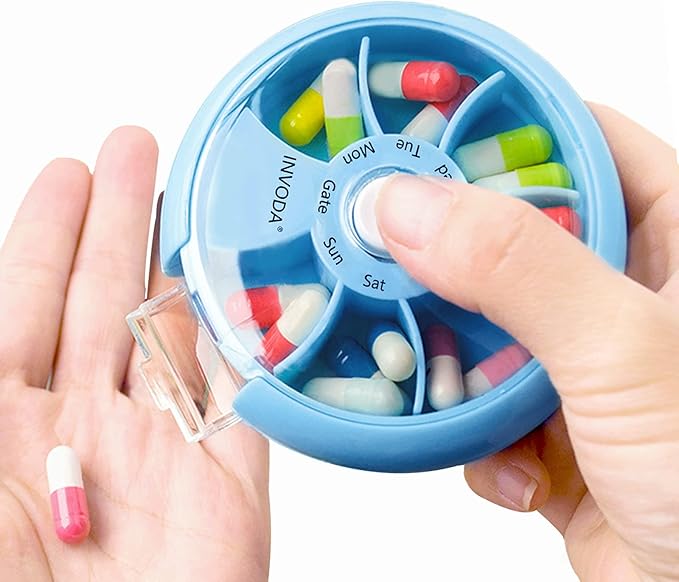INVODA Weekly Pill Organizer 7 Compartment Rotating Pill Box for Daily Medication & Vitamins - Portable Travel Pill Case Fish Oil Supplements Vitamins Organizer (4PCS)