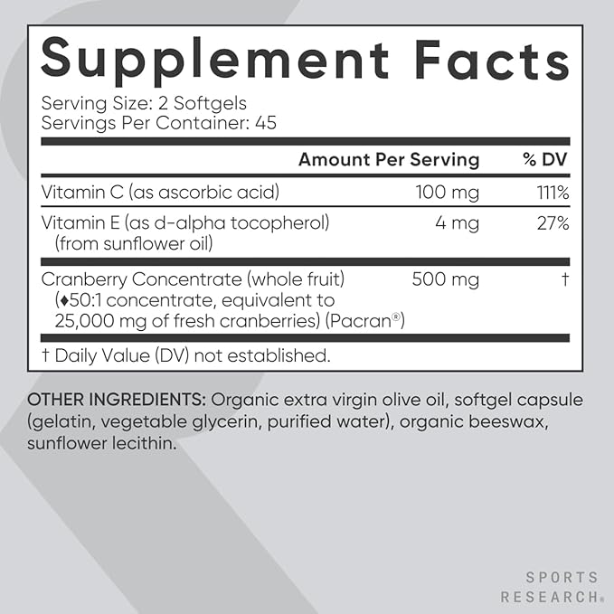 Sports Research® Cranberry Fruit Complex Supplement - Softgels for Urinary Tract Health Support - Made with Pacran®­ & Vitamins C & E - Non-GMO & Gluten Free - 90 Count