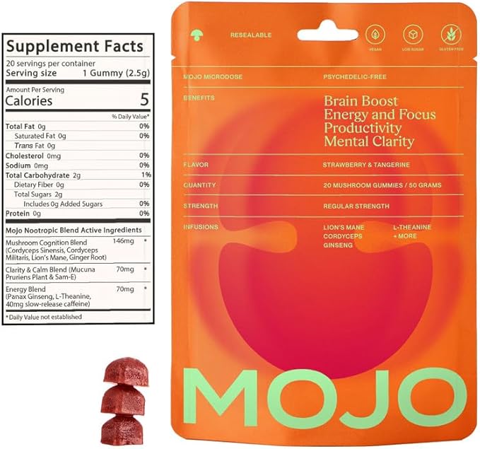 Mojo Focus Gummies with Lion’s Mane, Panax Ginseng, Ginger Root & Cordyceps, Brain Supplement for Memory and Focus, Nootropic Mushroom Gummies for Adults, Vegan Strawberry Tangerine, 3 Pack