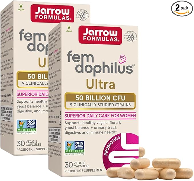 Jarrow Formulas Fem-Dophilus Vaginal & Digestive Probiotic 50 Billion CFU, 9 Clinically-Studied Strains, for Vaginal Flora & Yeast Balance, Urinary Tract, Digestive, 30 Capsules (Pack of 2)