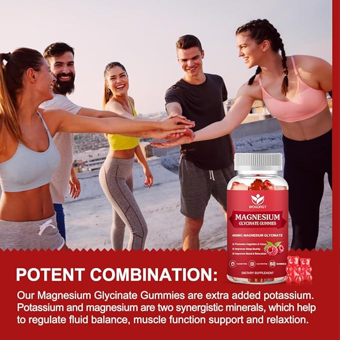 Magnesium Glycinate Gummies - 400mg Magnesium Glycinate Gummy with Vitamin D, B6, and CoQ10, Magnesium Supplement for Relaxation and Cognition, Sugar Free - 60 Raspberry Gummies (2 Pack)