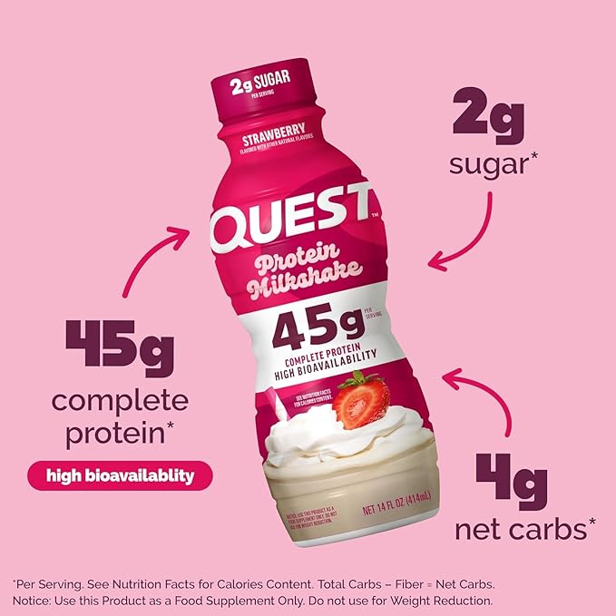Quest Nutrition Strawberry Protein Shake, 45g Protein, 2g Sugar, 4g Net Carbs, Ready to Drink, Gluten Free, (Pack of 24)