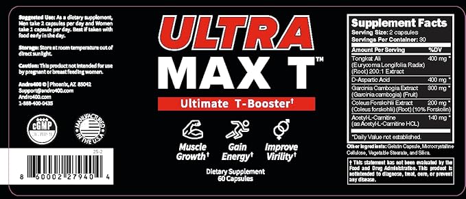Andro400 Ultra Max T Maximum Strength T-Support Complex – 200:1 Tongkat Ali, ForsLean, & D-Aspartic Acid – Premium Formula for Lean Muscle & Metabolism – 2 Pack, 120 Capsules, 60 Day Supply