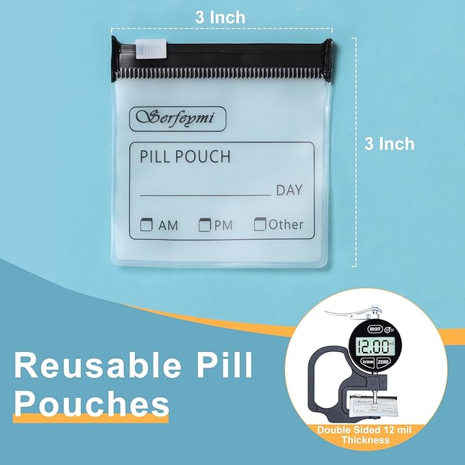 Serfeymi 32 Pcs Pill Pouch Bags for Travel Reusable Plastic Bags 3 x 3 Inches 12 mil (Double Sided) Translucent Zippered Pill Pouches for Medicine with Slide Lock & Writable Label，1 Pc Marker - Black