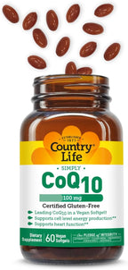 Country Life Simply CoQ10 100mg – Heart Function & Cellular Energy Support Supplement, Pure Coenzyme Q10 for Antioxidant & Cardiovascular Health, Certified Gluten Free & Vegan, 60 Softgels