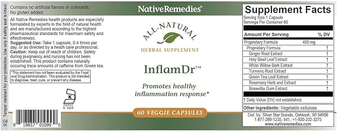 Native Remedies Inflam Dr. - All Natural Herbal Supplement Promotes Healthy Inflammation Response - Helps Fight Oxidative Stress to Cells - 60 Veggie Caps