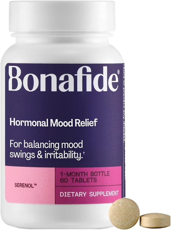 Serenol by Bonafide. Relief from Hormonal Mood Swings, Irritability, & PMS Bloating. — 1-Month Supply (60 Tablets)