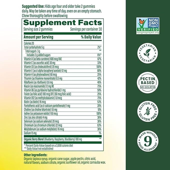 MegaFood Kids Multivitamin Gummies - Kids Vitamins - Age 4+ with Vitamin C, Vitamin D, Zinc, Choline, and Real Fruit - Brain & Immune Support - Berrylicious Flavor - 60 Gummies (30 Servings)