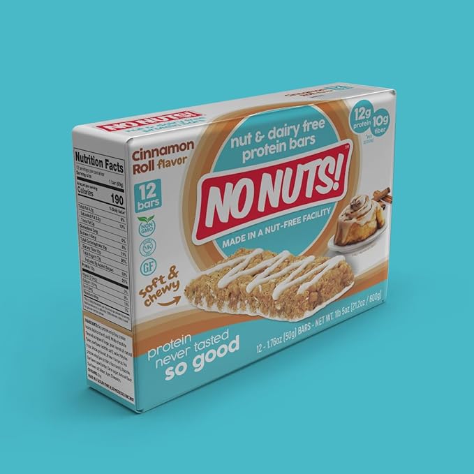 No Nuts! Cinnamon Roll Flavor Snack Bars - 100% Nut-Free Dairy Free Vegan Protein Bars, Organic, Kosher, Egg-Free, Non-GMO, 12g Protein, 10g Fiber, 12 Count