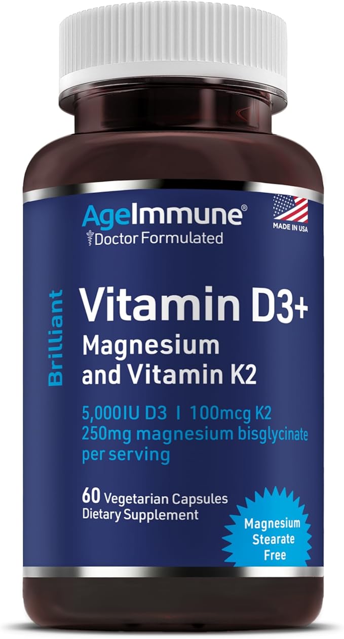 AgeImmune Brilliant D3+ Complex - 60 Capsules - 5000 IU Vitamin D3 + K2 + Magnesium Glycinate Supplement - Doctor Formulated for Immune & Bone Support - No Stearates, No Dioxides