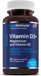 AgeImmune Brilliant D3+ Complex - 60 Capsules - 5000 IU Vitamin D3 + K2 + Magnesium Glycinate Supplement - Doctor Formulated for Immune & Bone Support - No Stearates, No Dioxides