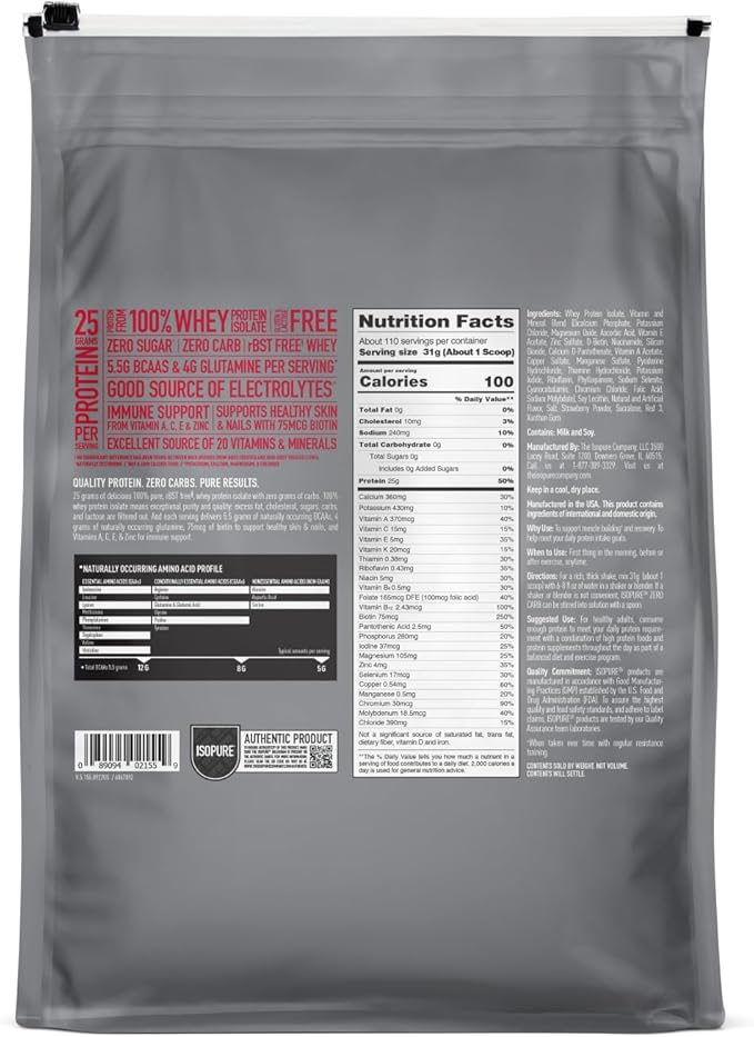 Isopure Zero Carb 100% Pure Whey Isolate Protein Powder, Gluten Free, With Vitamins, Strawberries & Cream, 25g Protein Per Serving, 7.5 Lbs, 110 Servings (Packaging May Vary)