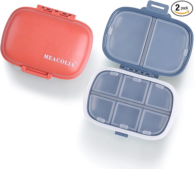 MEACOLIA 2 Pack 8 Compartments Travel Pill Organizer Box Moisture Proof Small Pill Case for Pocket Purse Daily Pill Holder Container for Medicine Vitamin (Dark Blue & Red)