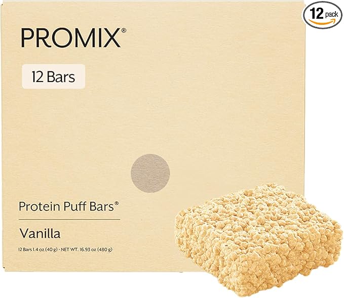 ProMix Nutrition Protein Puff Bars, 12-Pack - Madagascar Vanilla - Marshmallow Crispy Treat - Great Tasting & Healthy On The Go Snack - High Protein & Low Calorie - Non-GMO & Free From Gluten, Soy, & Corn.