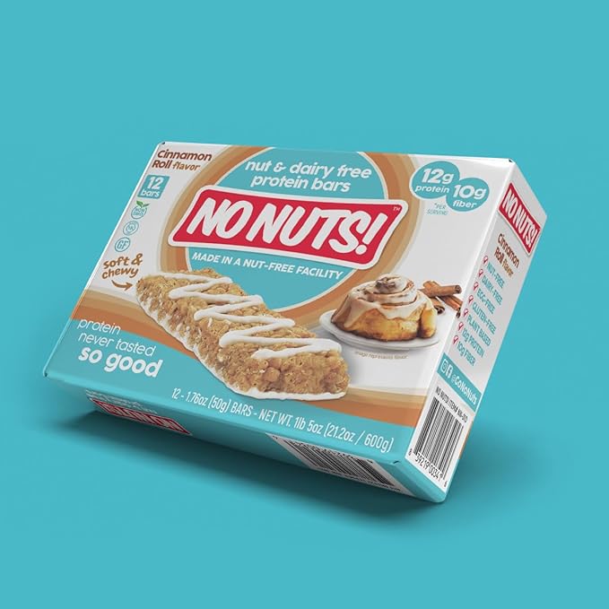 No Nuts! Cinnamon Roll Flavor Snack Bars - 100% Nut-Free Dairy Free Vegan Protein Bars, Organic, Kosher, Egg-Free, Non-GMO, 12g Protein, 10g Fiber, 12 Count
