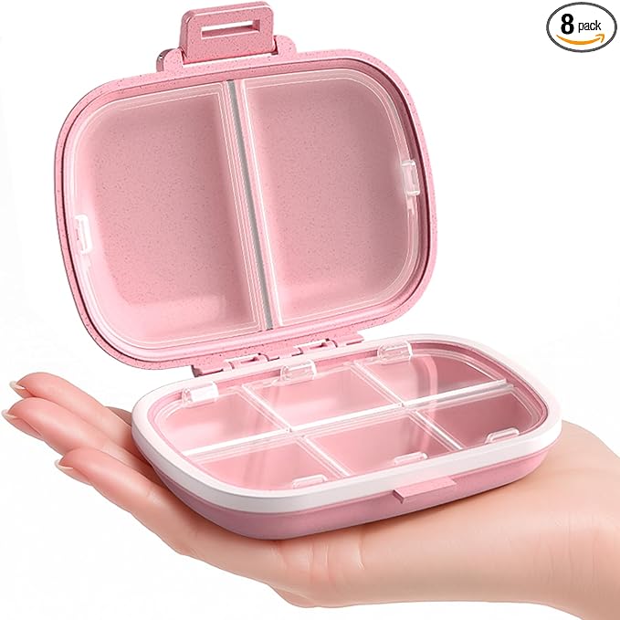 Travel Pill Organizer, 6+2 Extra Large Compartments Portable Pill Case, Daily Pill Box to Hold Vitamins, Small Pill Container for Pocket Purse Medicine Organizer（Pink）