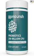 UpNourish Probiotics - 200 Billion CFUs for Men and Women, 15 Clinically Studied Strains, Prebiotics & Enzymes - 60 Vegan Capsules