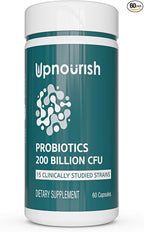 UpNourish Probiotics - 200 Billion CFUs for Men and Women, 15 Clinically Studied Strains, Prebiotics & Enzymes - 60 Vegan Capsules