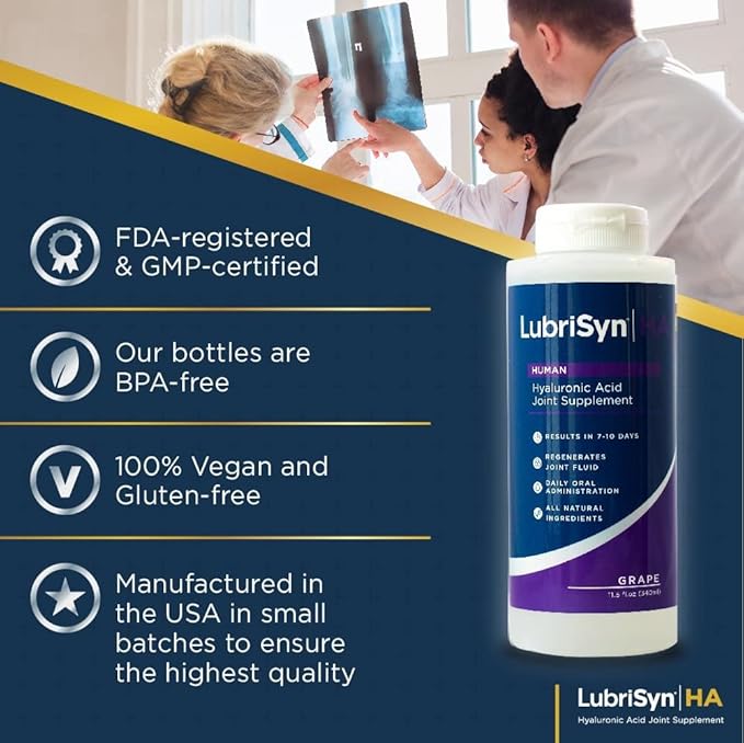Lubrisyn Hyaluronic Acid Oral Joint Supplement – Liquid HA Formula for Humans – Promotes Joint Support, Mobility, Flexibility, Hydration & Healthy Function for Men & Women – Grape Flavor 3 x 11.5oz