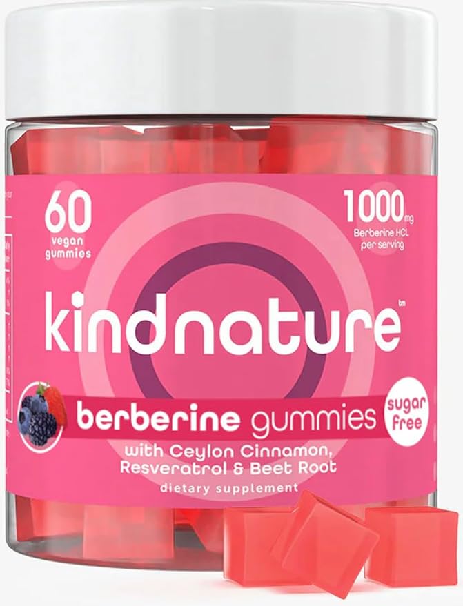 kindnature Berberine Gummies 1000mg with Ceylon Cinnamon & Resveratrol – 6-in-1 Blood Sugar Support Supplement – Metabolism & Weight Wellness – Sugar-Free, Vegan, Non-GMO