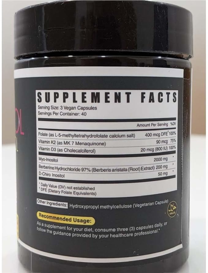 6in1 Premium 40:1 Myo-Inositol & D-Chiro Inositol Supplement for Women with Folate, Berberine HCl 97%, Vitamin D3 & K2 - Hormonal Balance & Ovarian Health Support- 120 Vegan Capsules