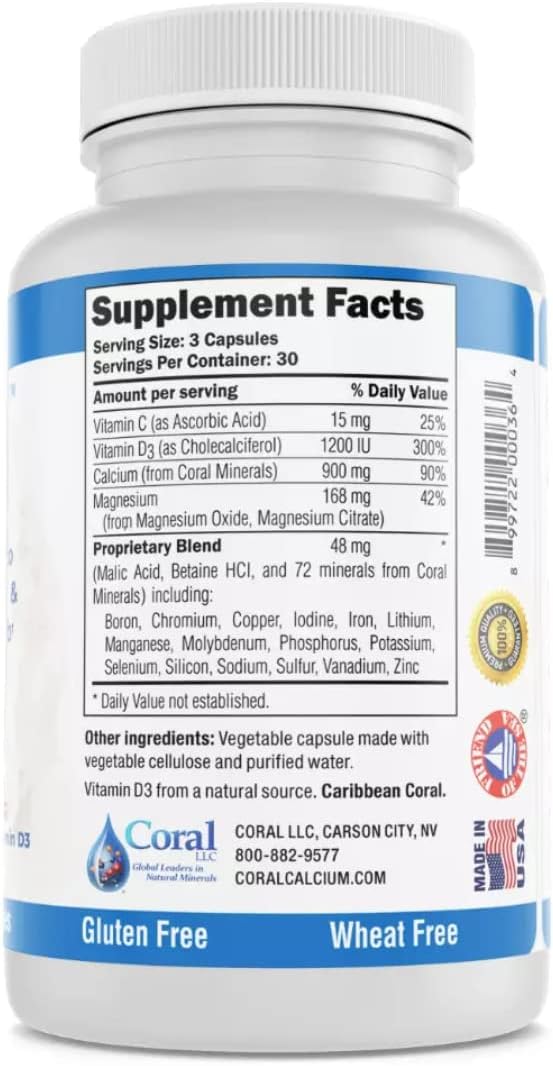 Coral Complex 3 Calcium Supplement Vitamin D3 & Magnesium – 900 mg Bioavailable Coral Calcium for Bone Strength, Joint Support & pH Balance – Trace Minerals, Non-GMO, 300 Veg Capsules