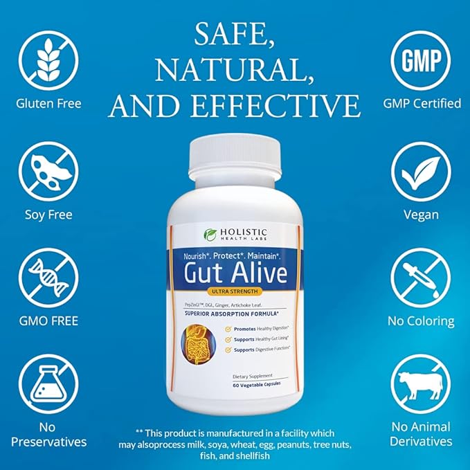 Holistic Health Labs Gut Alive - All Natural Support to Fight IBS, Heartburn, Acid Indigestion, Acid Reflux, Bloating & Gas. Unique Formulation (60 Count (Pack of 1))