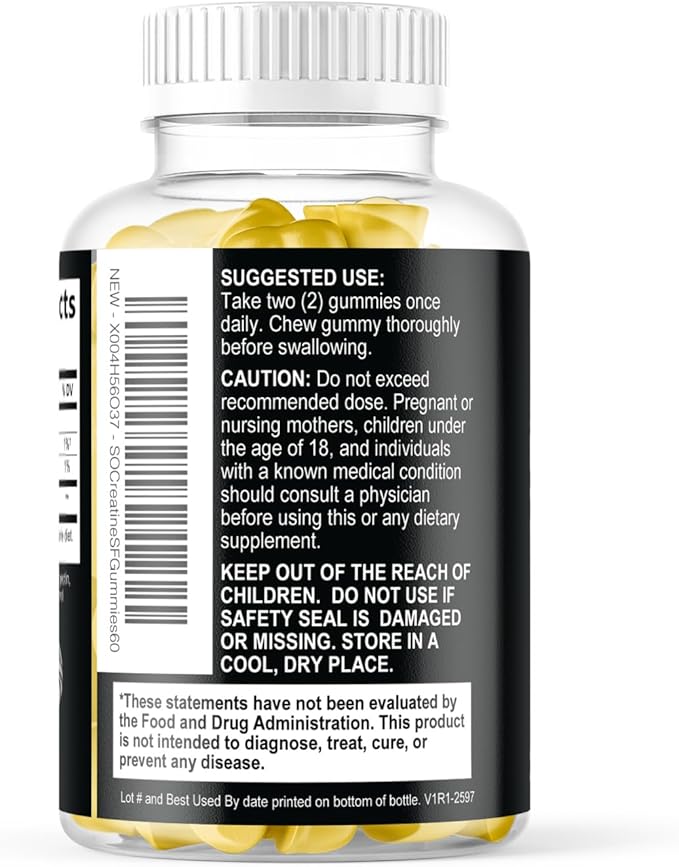 Creatine Gummies - 2000mg per serving Creatine Monohydrate Chewables - Best Micronized, Sugar Free Creatine for Men & Women - Supports Lean Muscle, Strength, Energy, & Endurance - 60 Lemon Gummies