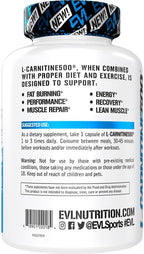 EVL L-Carnitine Supplement for Weight Loss Support - L Carnitine Tartrate for Cellular Energy Focus Endurance and Fat Burning Support - Stimulant Free Amino Acid for Fat Metabolism (120 Servings)