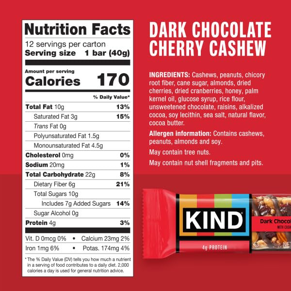 KIND Nut Bars, Dark Chocolate Cherry Cashew, Healthy Snacks, Gluten Free, 4g Protein, 12 Count