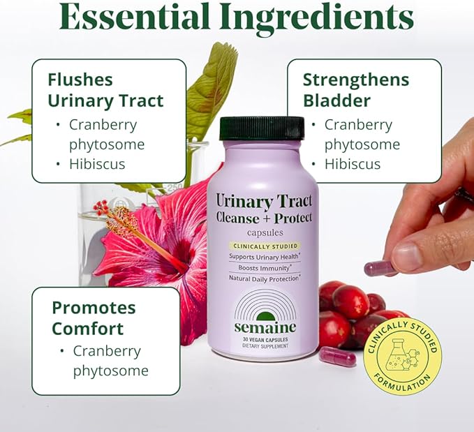 Semaine Urinary Tract Cleanse & Protect – 30 ct, Bladder Support Supplement for Women, Flushes Urinary Tract. Combines Cranberry Proanthocyanidins with Hibiscus.