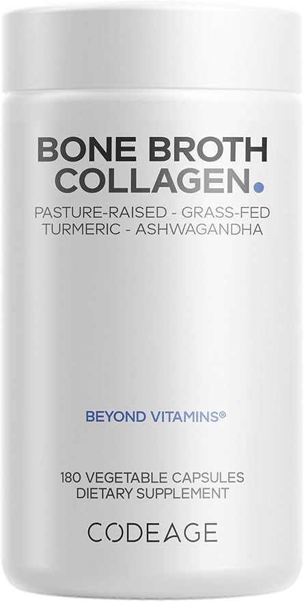 Codeage Organic Bone Broth Collagen Peptides Capsules Supplement, Bone Broth Grass Fed Beef, Free-Range Chicken, Turmeric & Ashwagandha - Collagen Types I, II, III - Non-GMO - 180 Capsules