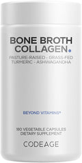 Codeage Organic Bone Broth Collagen Peptides Capsules Supplement, Bone Broth Grass Fed Beef, Free-Range Chicken, Turmeric & Ashwagandha - Collagen Types I, II, III - Non-GMO - 180 Capsules