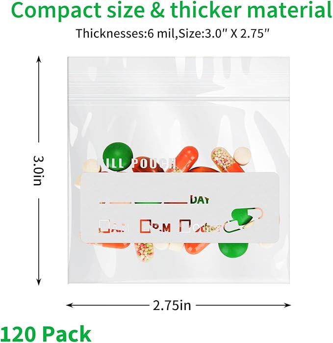 Urekt Pill Pouch Bags for Travel (120 Pack), 6 Mil BPA Free Reusable Pill Bags 3 x 2.75 inch for Medicine with Write on Label Clear Ziplock Seal Waterproof AM PM Pill Baggies for Medicine Organizer