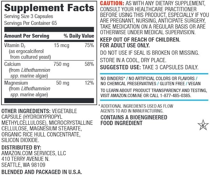 Amazon Elements Calcium Complex, 750mg, Vegan, With Vitamin D₂ and Magnesium, 195 Capsules