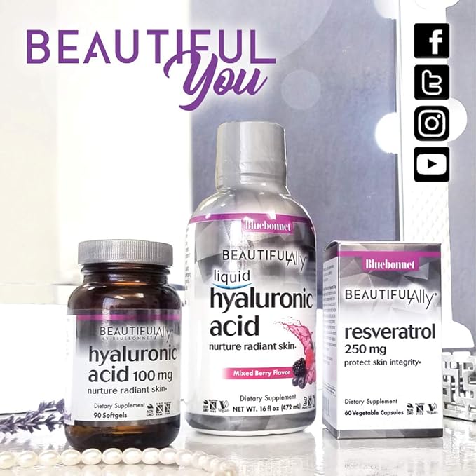 Bluebonnet Nutrition Beautiful Ally Hyaluronic Acid 100mg, Nurture Radiant Skin*, Non-GMO, Gluten-Free, Soy-Free, 90 Softgels, 90 Servings