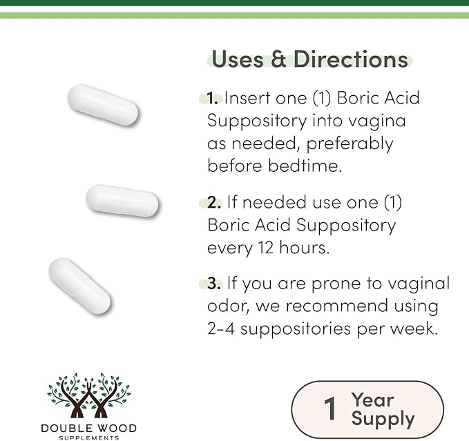 Boric Acid Suppositories 60 Count, Supports Women Health (Easy Dissolve, Third Party Tested) by Double Wood
