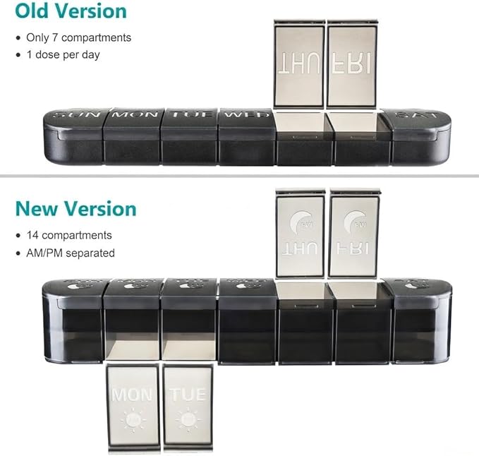 FHORAIN XL AM PM Pill Organizer 2 Times a Day, Fade Resistant Extra Large Weekly Pill Box 7 Day, Double-Sided 14 Compartments for Vitamins, Fish Oil, Supplements & Gummies (Black)