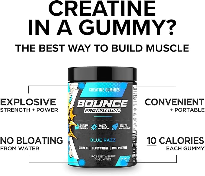 Bounce Pro Creatine Monohydrate Gummies for Men & Women, Low Calorie, 6G of Creatine per Serving, Vegan, Anti-Melting, Gluten-Free, Non-GMO, 2g of Creatine per Gummy (51ct, Blue Razz)