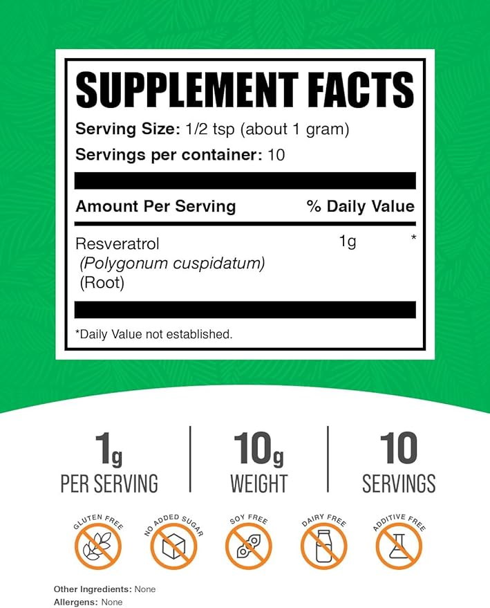 BulkSupplements.com Resveratrol Powder - Resveratrol Supplement, from Polygonum Cuspidatum - Antioxidant, Gluten Free, 1g per Serving, 10g (0.35 oz) (Pack of 1)