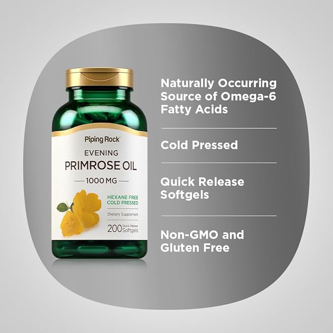 Piping Rock Evening Primrose Oil Softgels 1000mg | 200 Pills | Cold Pressed Dietary Supplement | Non-GMO, Gluten Free