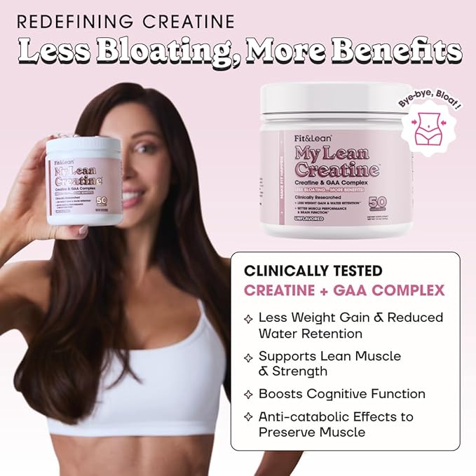 Fit & Lean Creatine for Women, My Lean Creatine Powder Complex with GAA, Muscle Performance, Cognitive Function and Less Bloating, Reduced Water Retention, Unflavored, 50 Servings