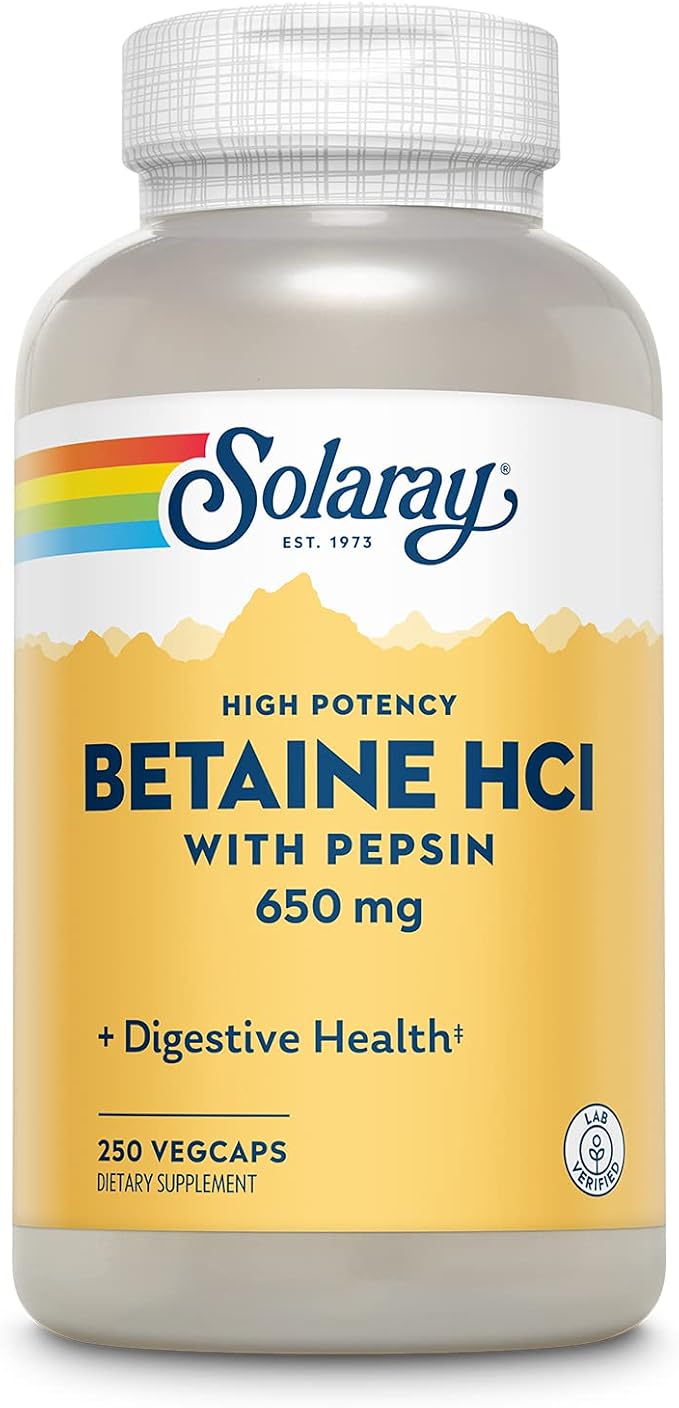 SOLARAY Betaine HCL with Pepsin - High Potency Hydrochloric Acid Formula - Digestive Health Supplement with Digestive Enzymes for Gut Health Support - 60-Day Guarantee, 250 Servings, 250 VegCaps