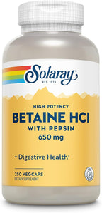 SOLARAY Betaine HCL with Pepsin - High Potency Hydrochloric Acid Formula - Digestive Health Supplement with Digestive Enzymes for Gut Health Support - 60-Day Guarantee, 250 Servings, 250 VegCaps