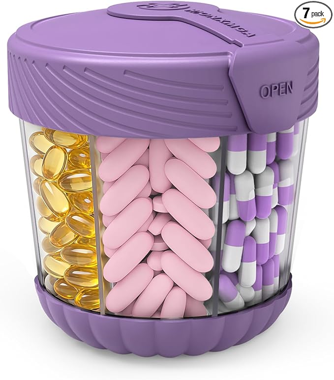HIONXMGA Cute Pill Dispenser with 7 Large Compartments, Portable Pill Bottle Organizer with Wide Opening for Travel, Anti-Mixing Pill Container, Shatterproof BPA-Free, Includes 20 Pcs Labels, Purple