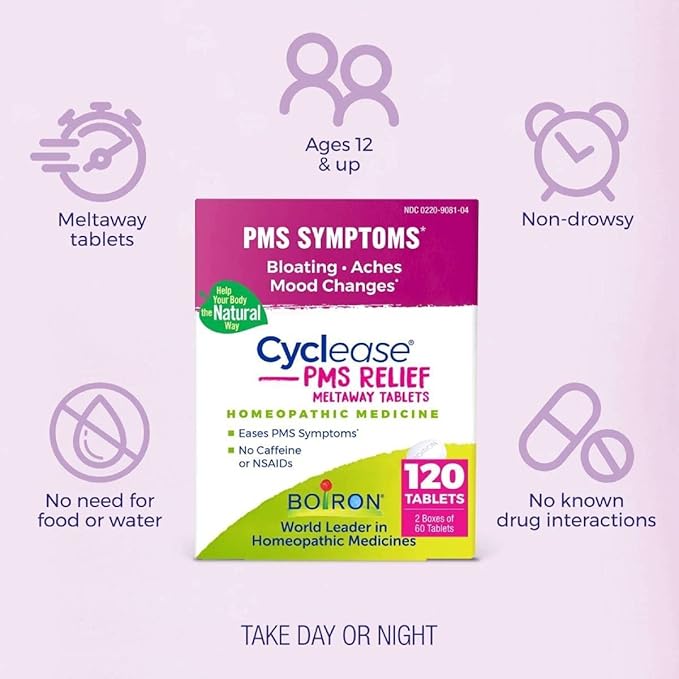 Boiron Cyclease PMS Relief Tablets for Symptoms from PMS of Bloating, Aches, Mood Swings, and Irritability - 120 Count (2 Pack of 60)