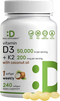 DEAL SUPPLEMENT Vitamin D3 50,000 IU + K2 MK7 200mcg Softgels, 240 Count | 2-in-1 Complex with Virgin Coconut Oil | Supports Heart, Bone, Teeth & Immune Health | Easy to Swallow